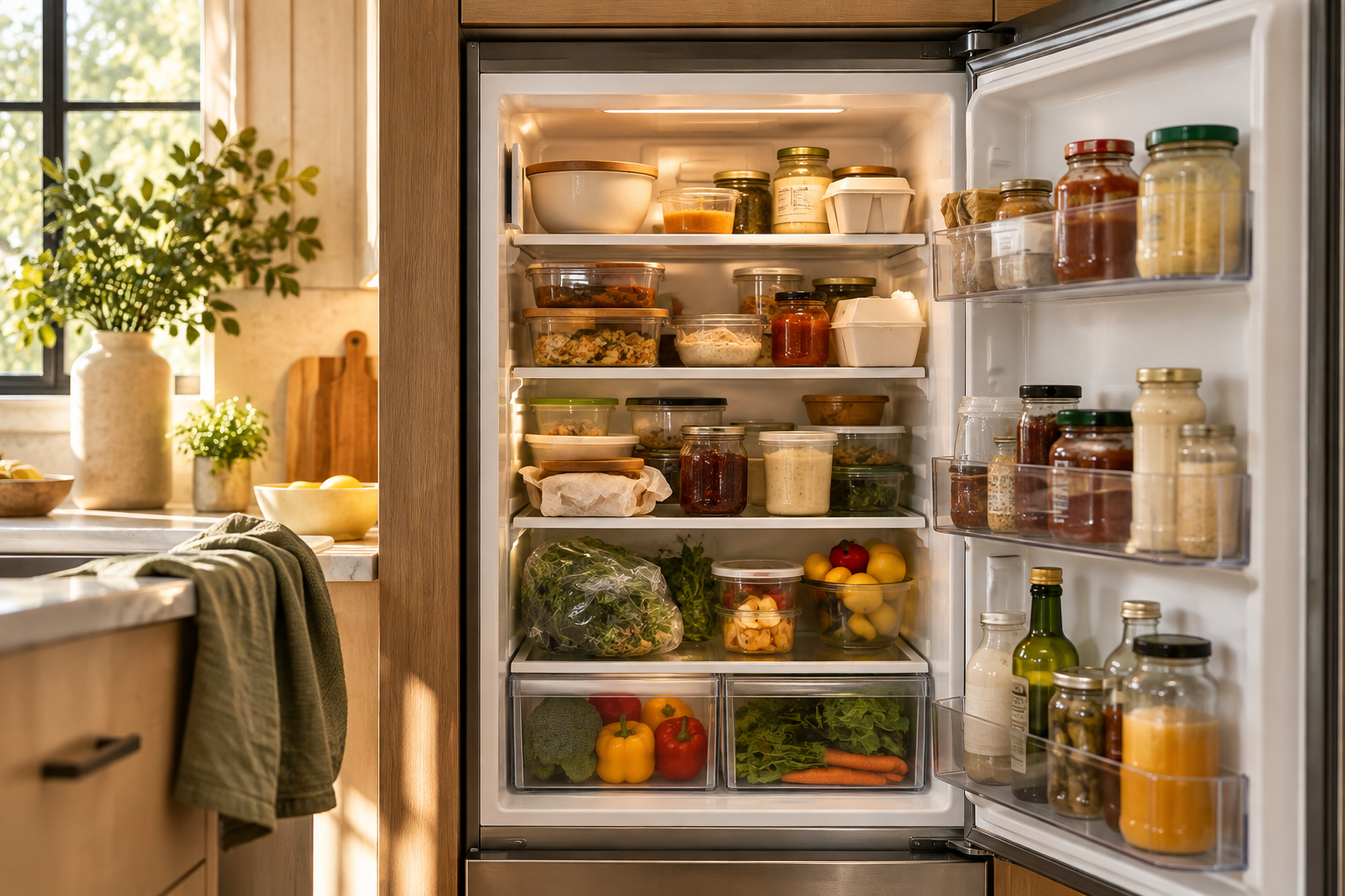 Open refrigerator crowded with half-used condiment jars, takeout containers and wilting greens before a deep clean
