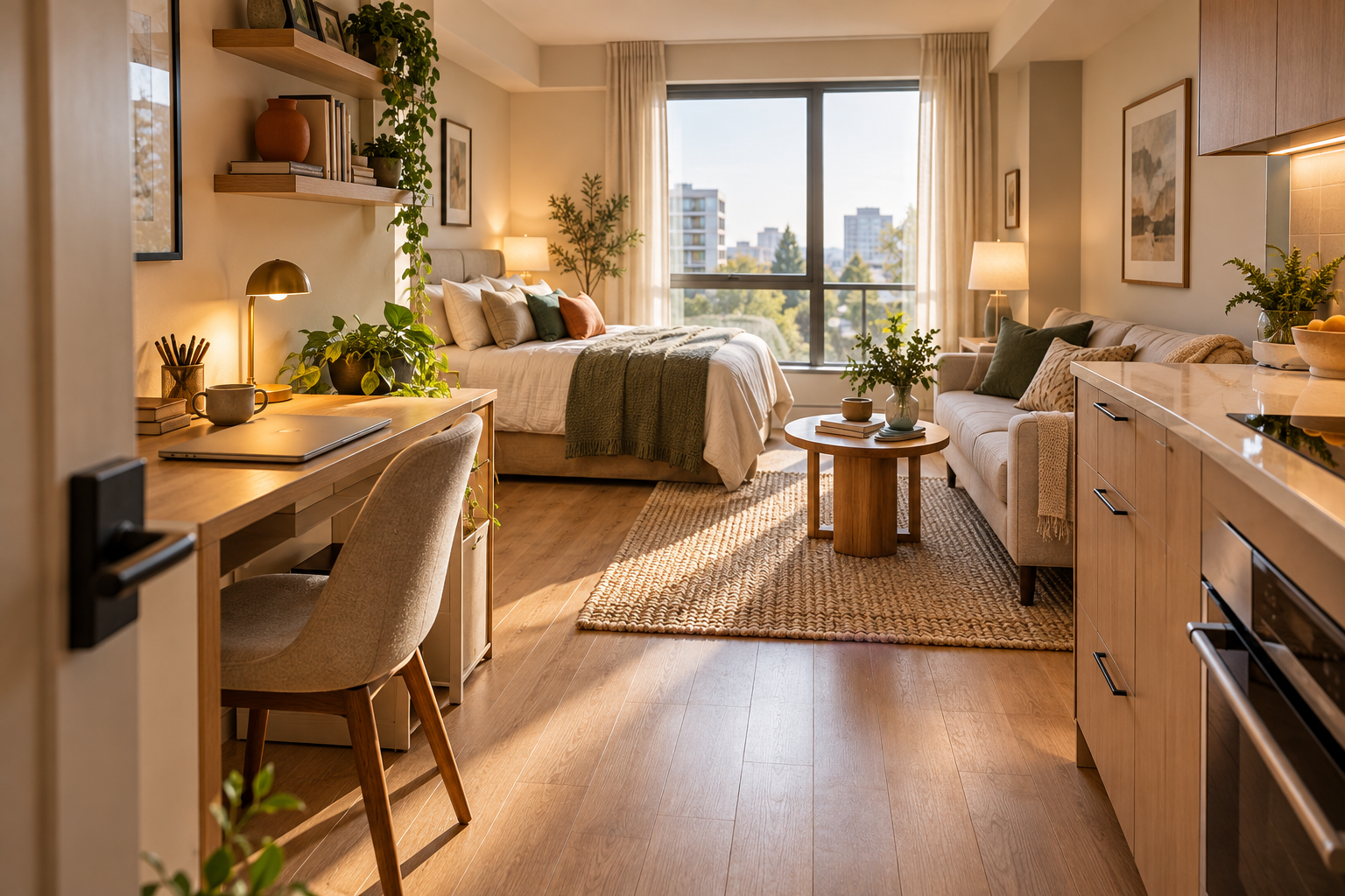Compact condo room with a bed in one corner, a small desk by the side wall and a sofa on a rug, with a clear walking route from the door to the kitchen