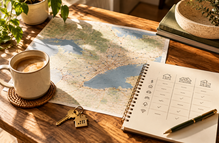 Wooden table with an Ontario map, house key, coffee and a notebook comparing homes for a first-time buyer