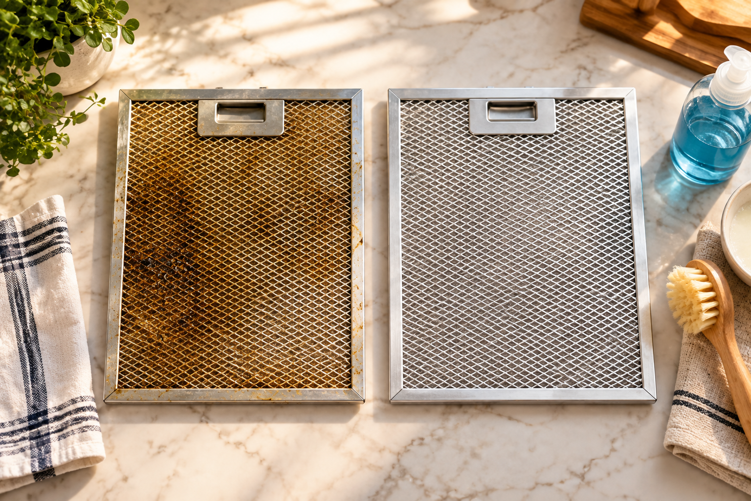 Dirty vs. Clean Range Hood Filter Greasy and freshly cleaned range hood filters side by side on a kitchen counter