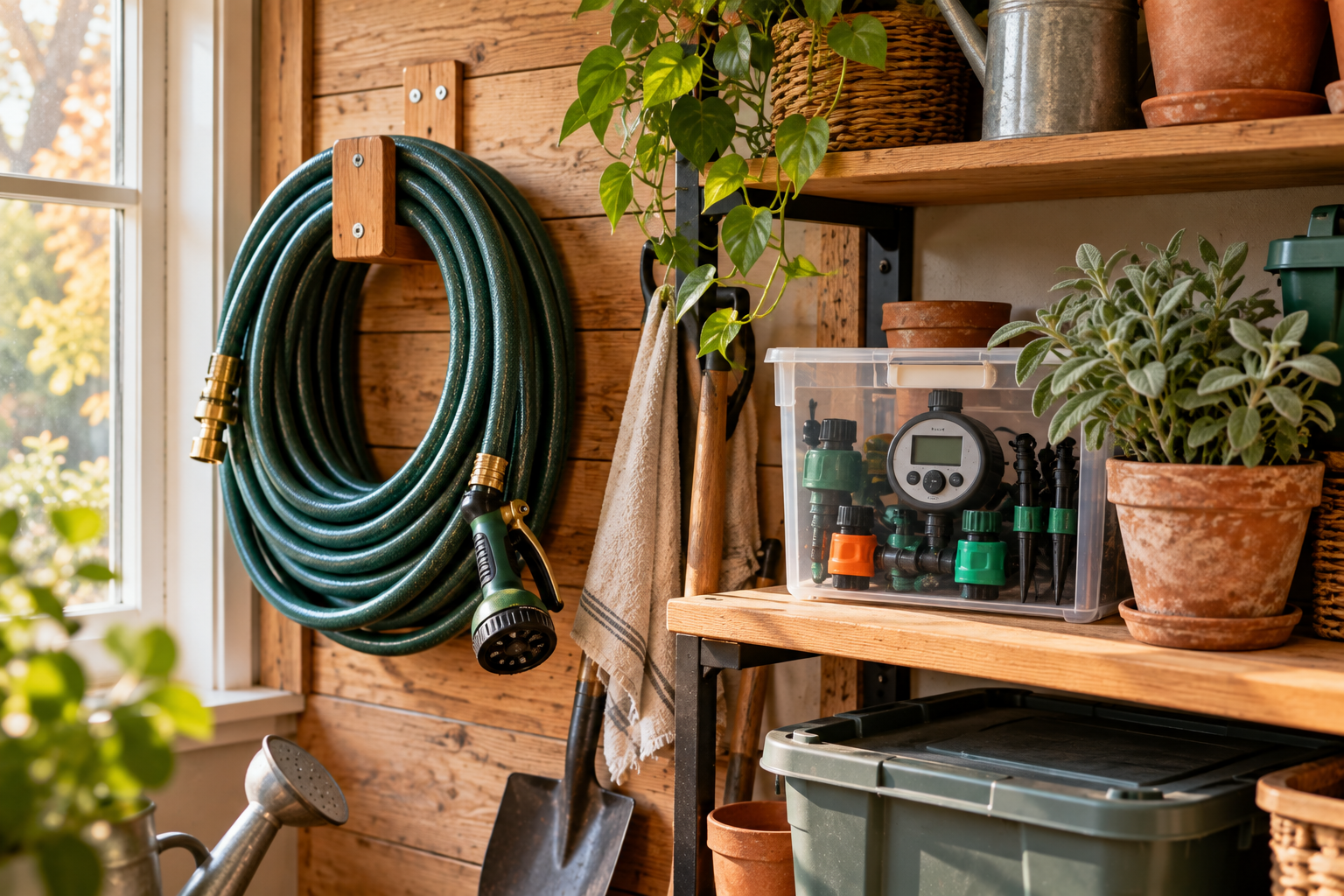Coiled garden hose on a wall hook beside stored hose timers and drip fittings