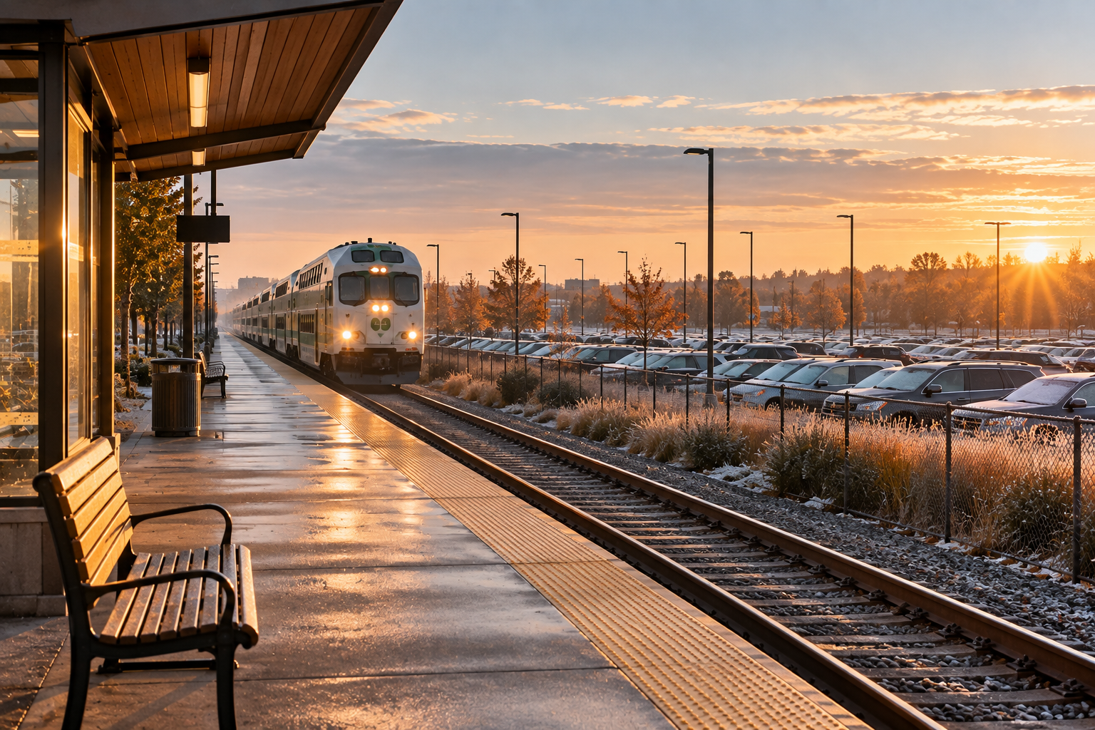 Commuter train arriving at a suburban station on a frosty morning, with a nearly full parking lot