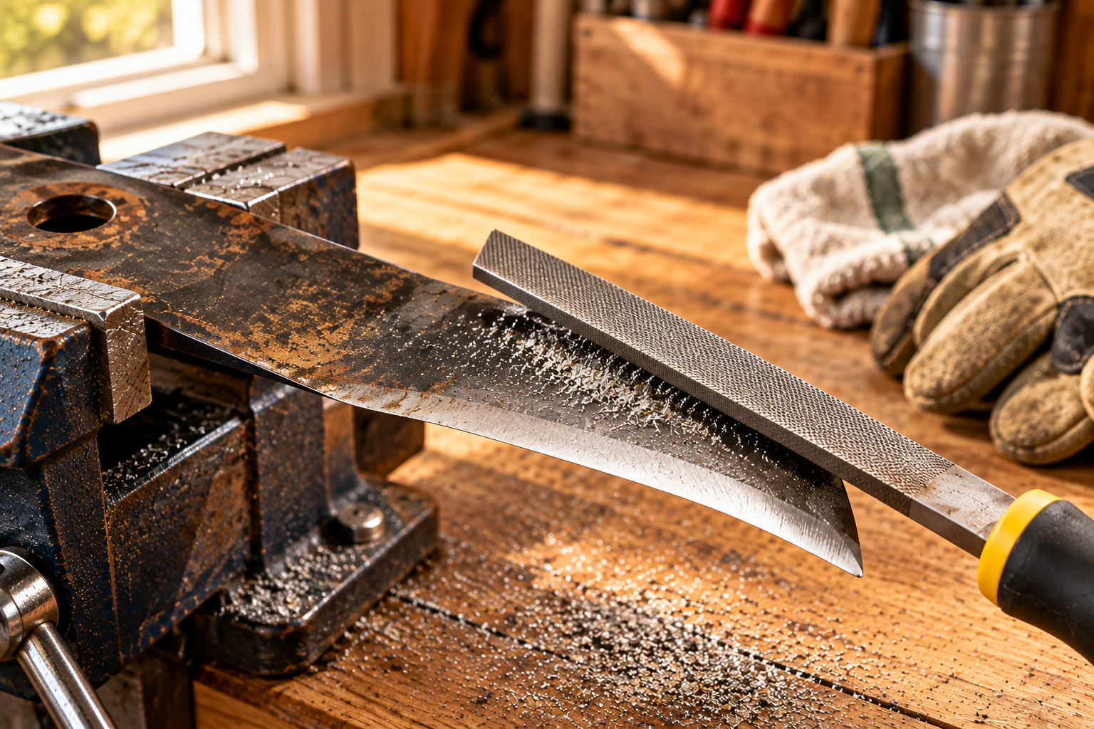 Filing a mower blade along its bevel Removed lawn mower blade clamped in a vise while its existing bevel is sharpened with a metal file