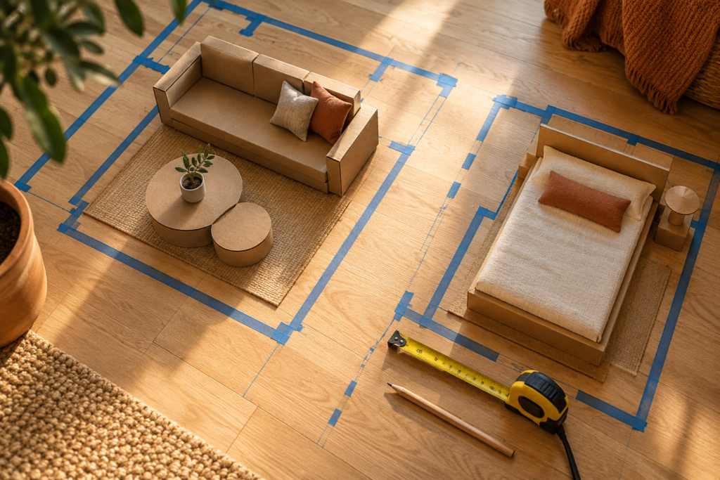 Painter's tape and cardboard cut-outs of a sofa, nesting table and bed on a hardwood floor, with a clear strip left open as a walking route