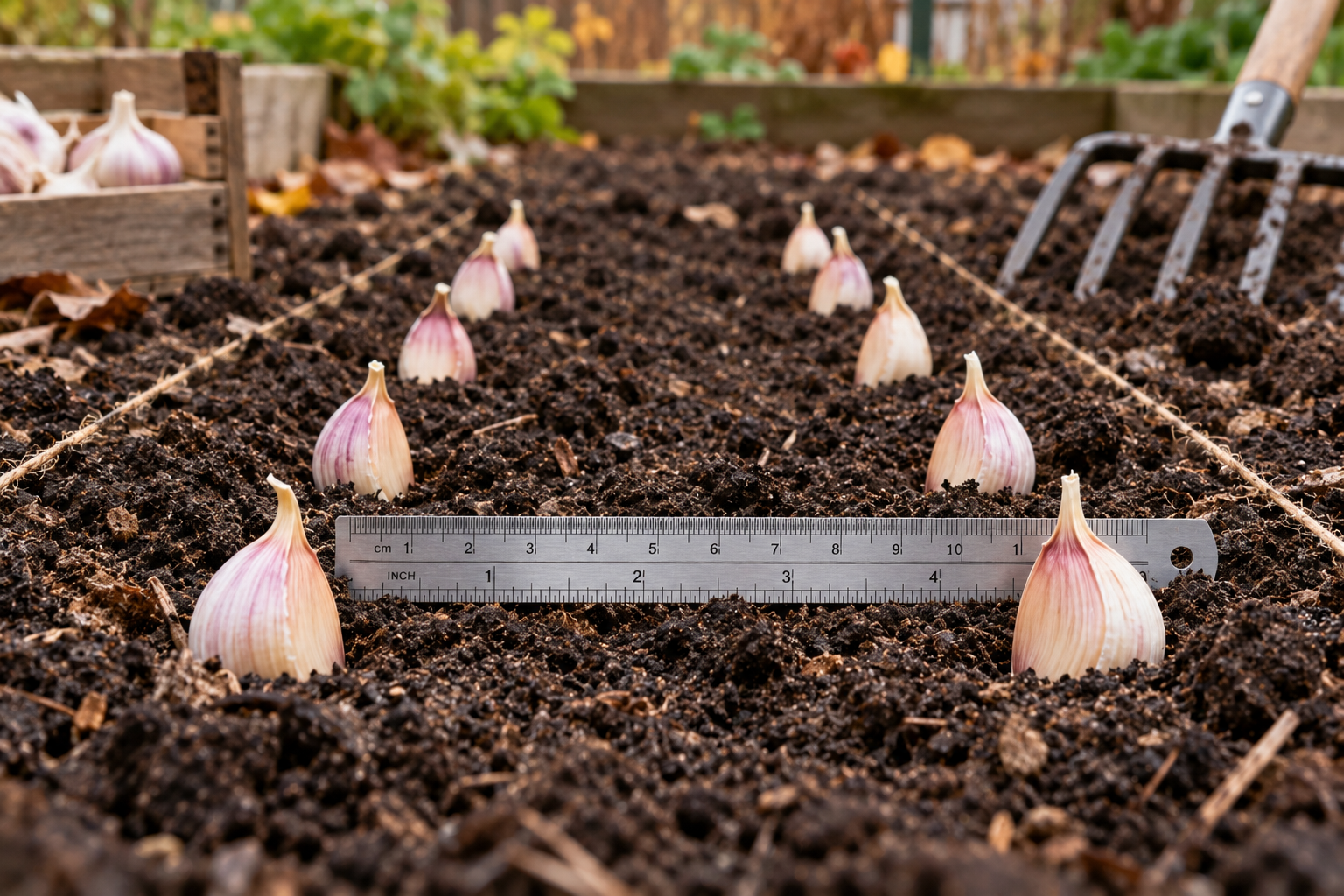 Garlic cloves laid out in a row on loosened soil with a ruler showing the gap between cloves