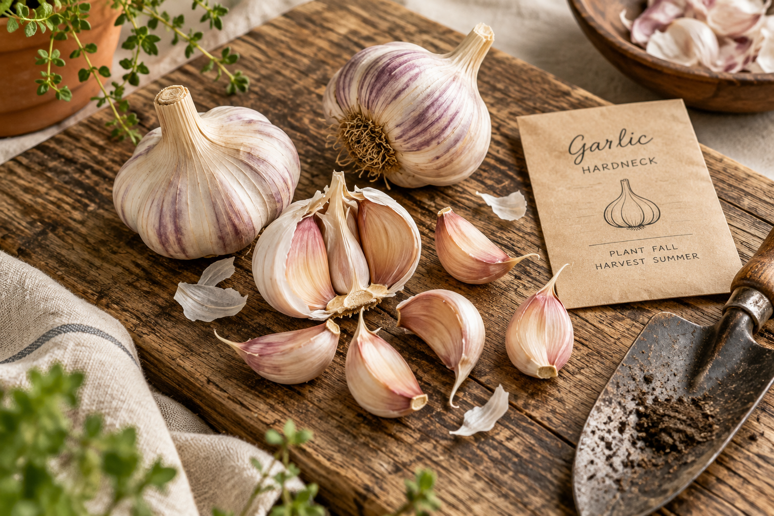 Hardneck seed garlic bulbs beside a pile of separated cloves on a wooden board