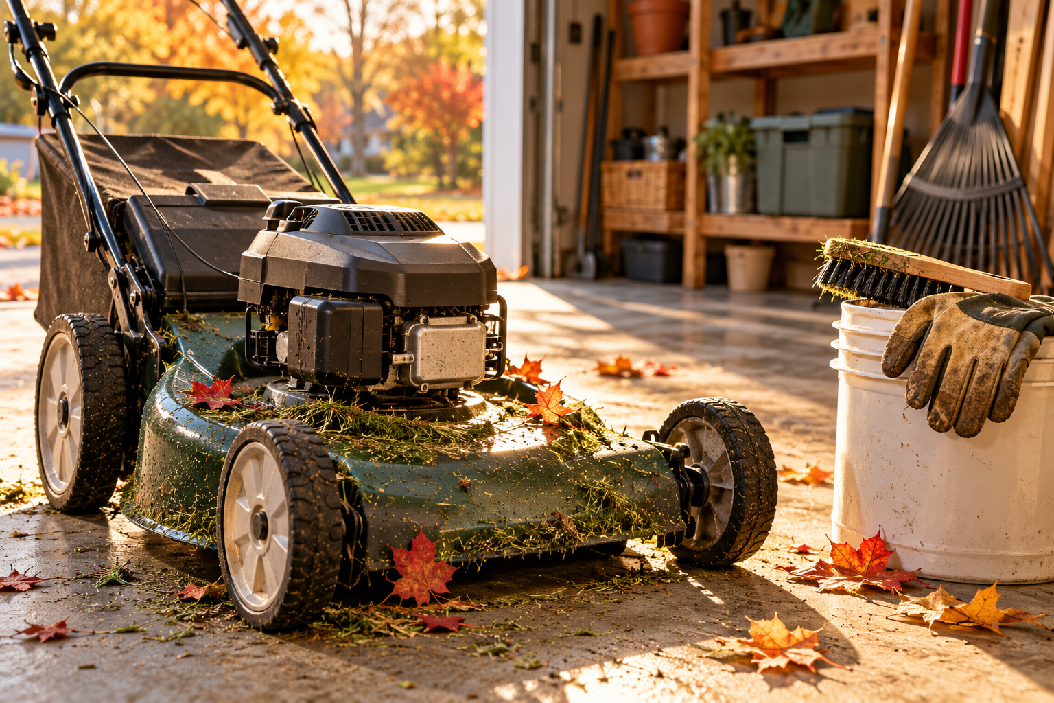Lawn mower serviced after the final mow Lawn mower being cleaned and serviced in a garage before winter storage