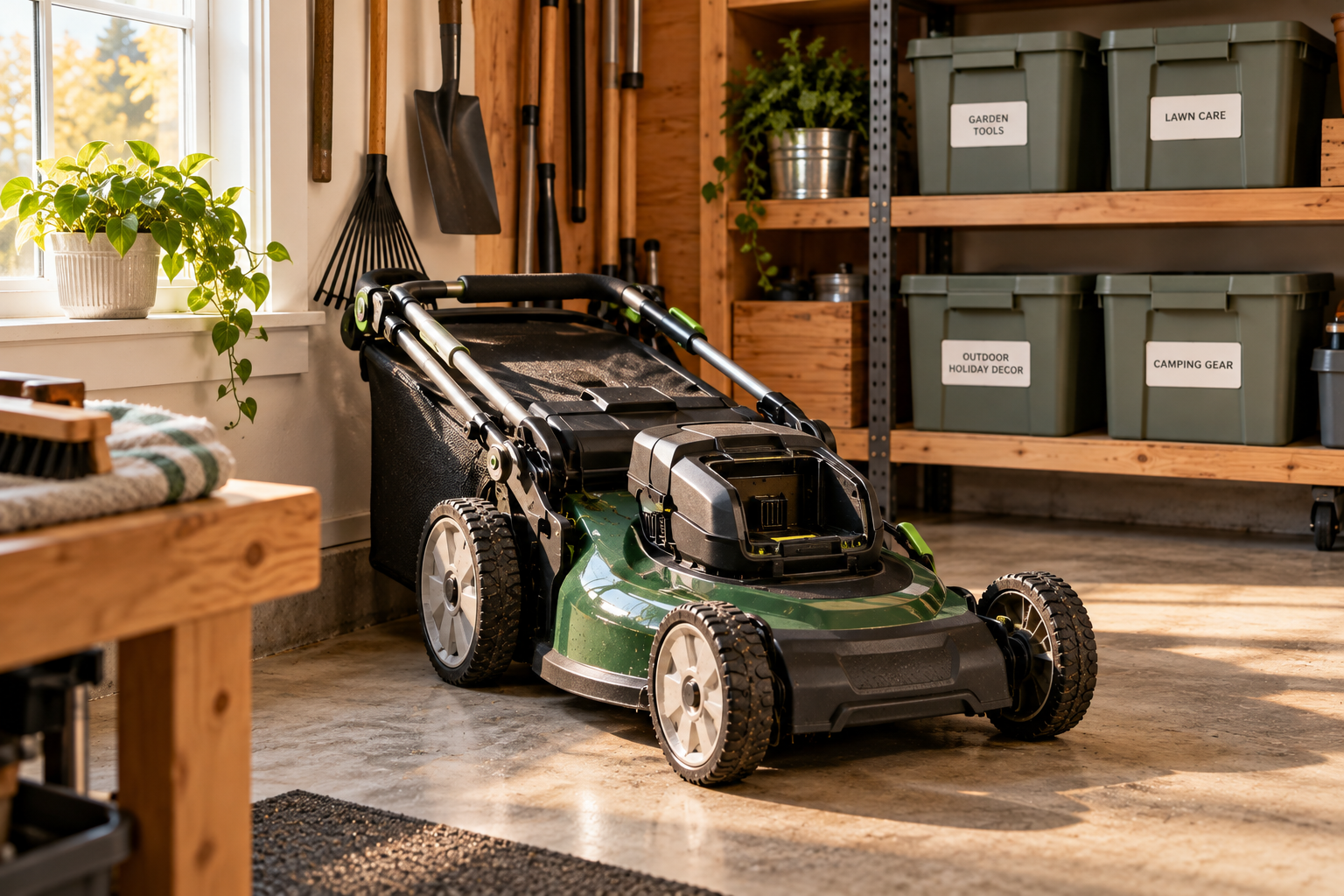 Mower prepared for winter storage Clean dry lawn mower stored in a garage away from salt and chemicals, battery removed