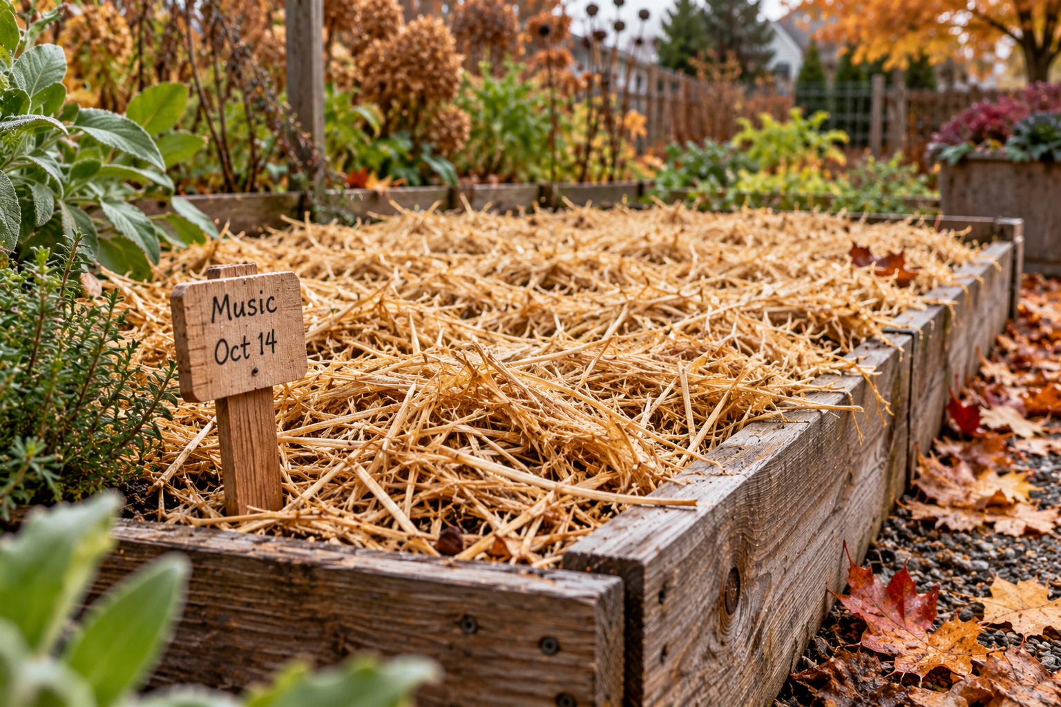 Freshly planted garlic bed covered in a loose layer of straw mulch