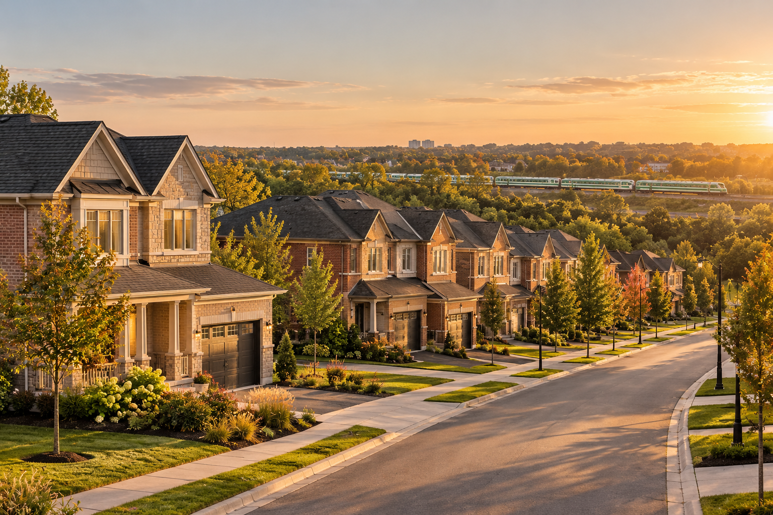 Row of newer brick townhomes and a detached family home on a quiet Ontario street at golden hour