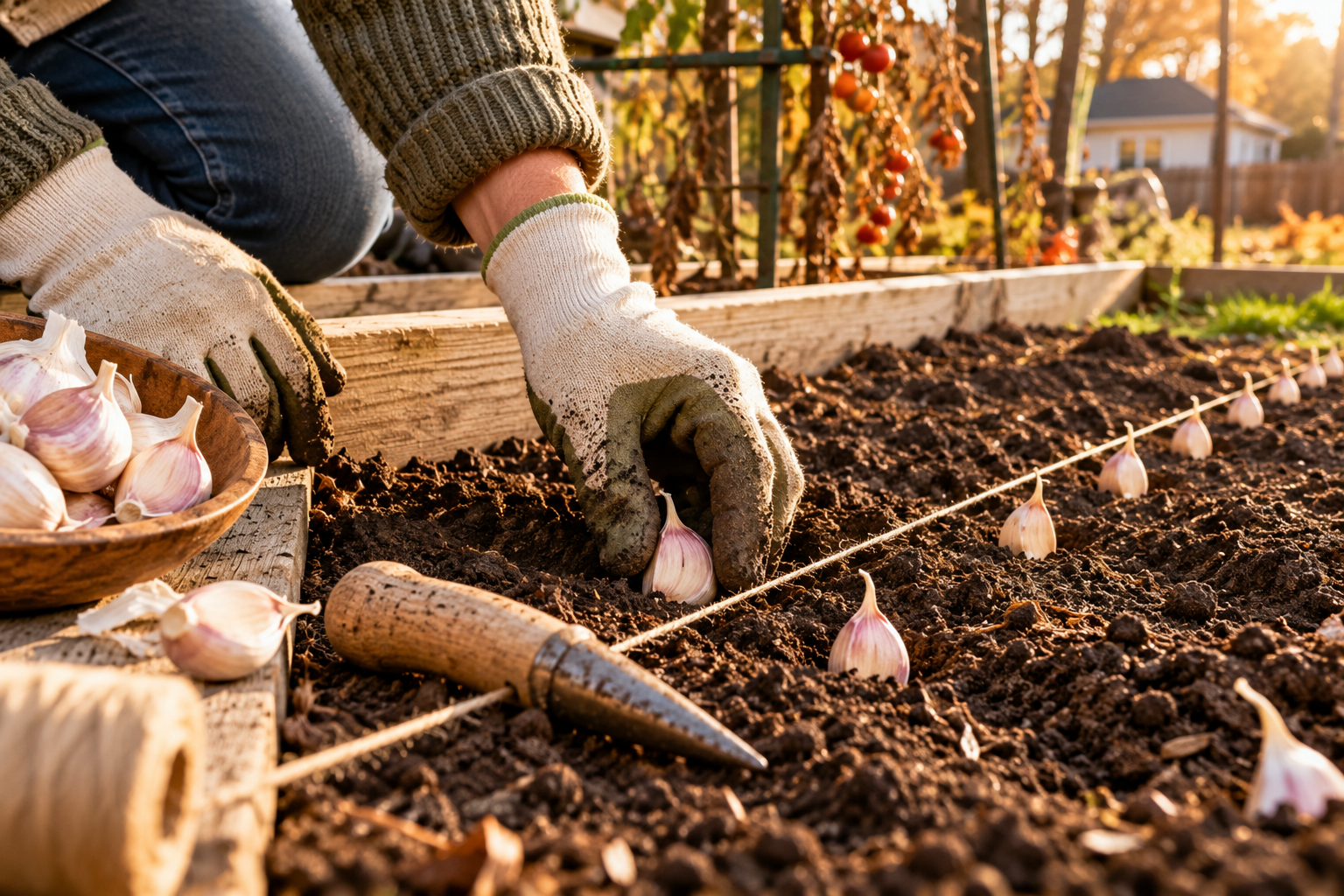 Hands pressing a garlic clove, pointed end up, into a prepared vegetable bed in an Ontario backyard in October