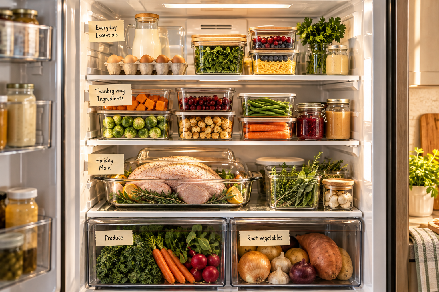Fridge organized by zone: raw turkey on a tray on the bottom shelf, prep ingredients in containers, everyday items above
