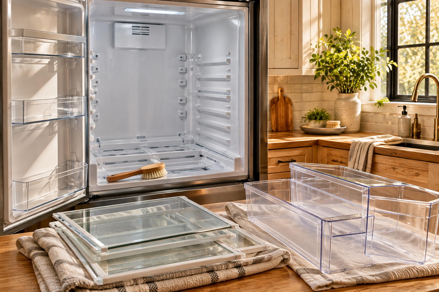 Empty fridge interior with glass shelves resting on towels on the counter to reach room temperature before washing