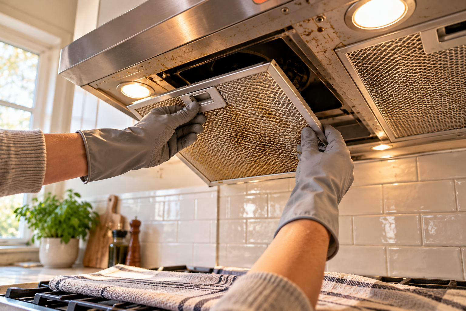 Removing a Range Hood Grease Filter Gloved hands releasing a metal grease filter from the underside of a range hood