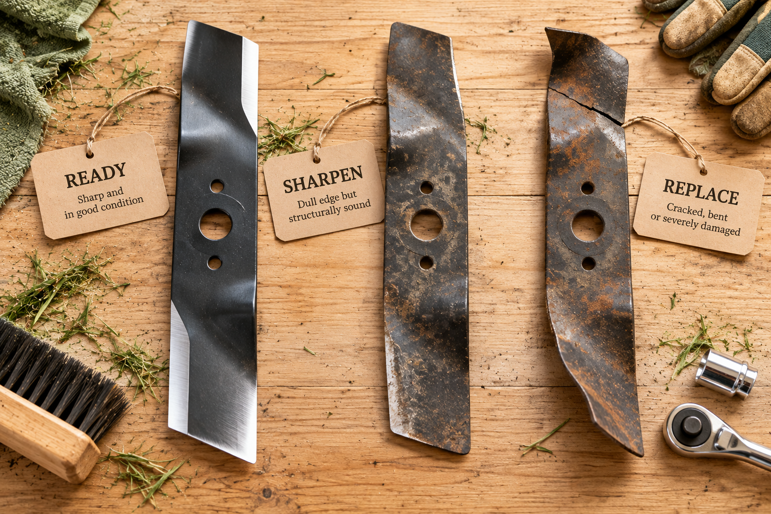 Sharpen or replace a mower blade Comparison of a dull serviceable lawn mower blade and a damaged blade that needs replacement