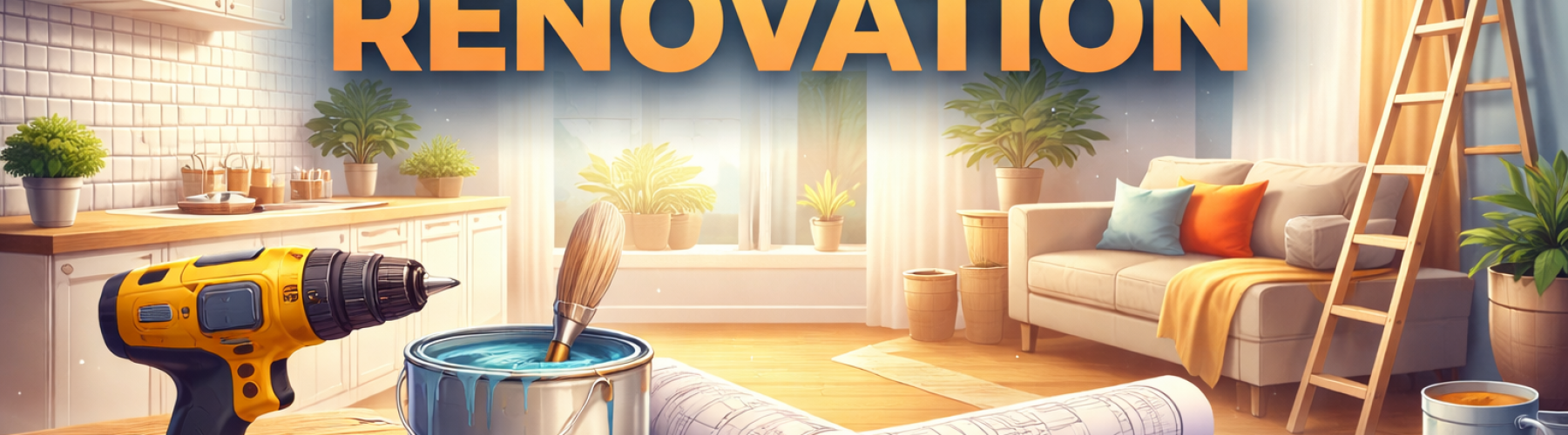 Micro renovation banner showing home improvement tools, paint, blueprint plans, and modern living space design