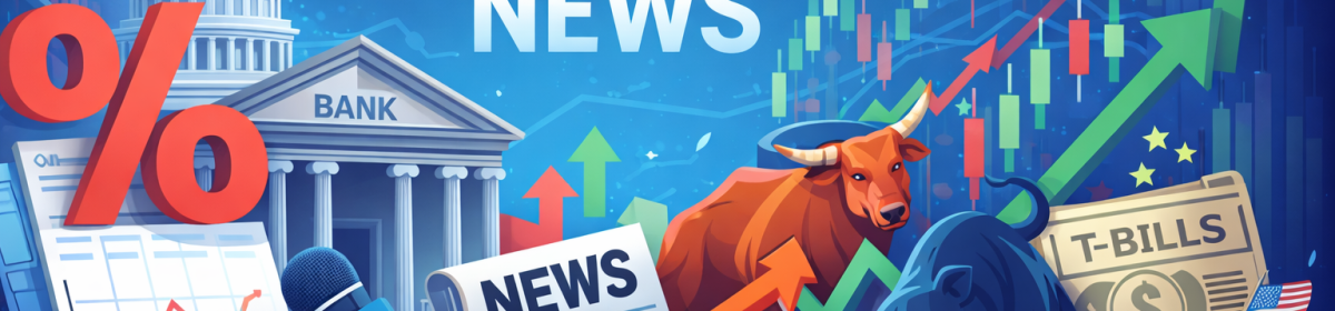 Mortgage news banner showing interest rates, stock market trends, bank and government impact on home loan rates with bull and bear market symbols